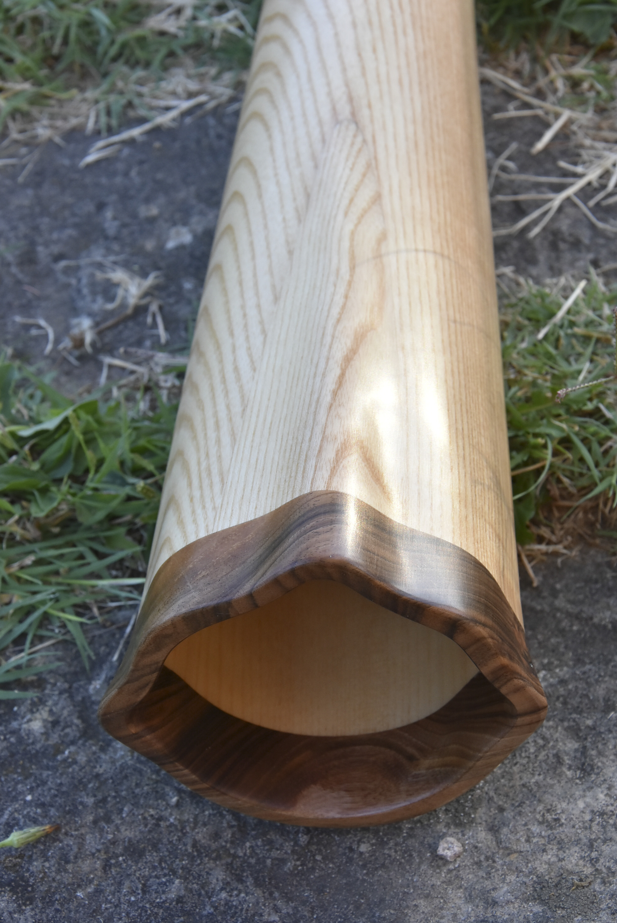 Didgerido sur mesure, en La, tout droit, fabriqué en bois de frêne à coeur d'olivier, avec du noyer à la cloche